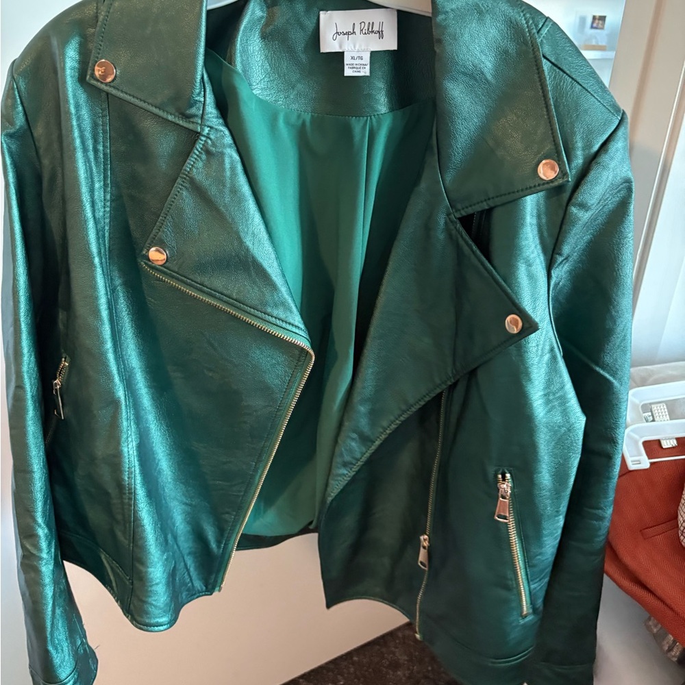 Joseph Ribkoff Shimmering Teal Leather Moto Jacket